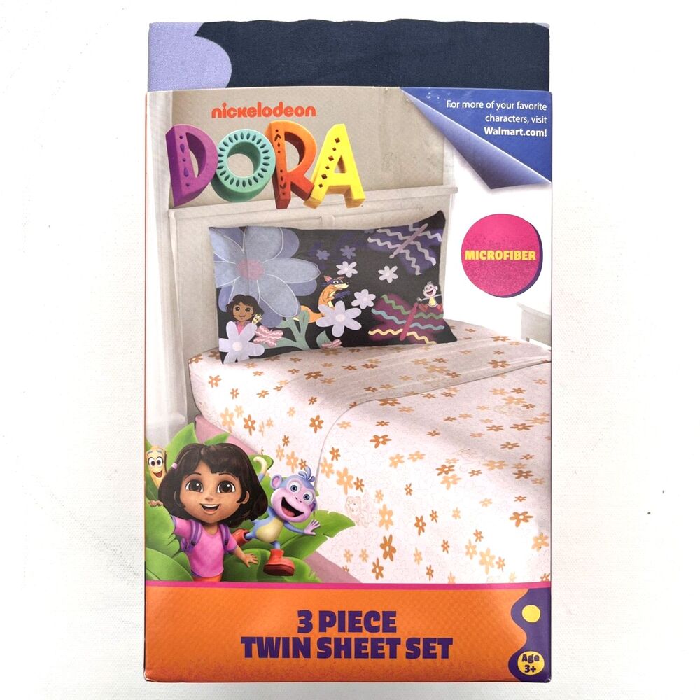 Dora the Explorer Kids 3 Piece Pink Orange Floral Sheet Set, Twin Size NWT
